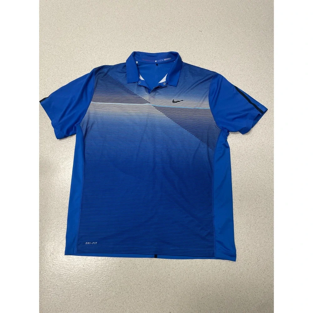 Nike‎ Tiger Woods Collection Dri-FIT Golf Polo Shirt Blue Striped Mens XL
